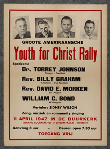 750010 Affiche van de Youth for Christ Rally die in de Buurkerk (Buurkerkhof) te Utrecht werd gehouden met de sprekers ...